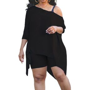 LovelyWholesale Womens Plus Size Two Piece Sets Trendy Outfits with One Shoulder Top Skinny Shorts Tracksuit Sets