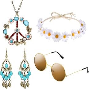 Hicarer 4 Pieces Hippie Accessories Set Include 70s Peace Sign Necklace and Earring, Hippie Sunglasses, Headband Tie Dye Costumes for Women