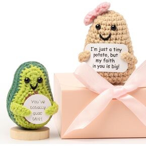 Positive Potato Crochet & Emotional Support Avocado, 2 Pack Positive Crochet Animals Already Made with Gift Box, Funny Positive Crochet Animals Set with Cards, Birthday Gifts for Women & Men