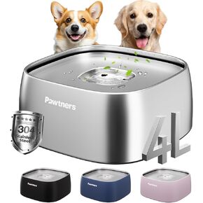 Dog Water Bowl No Spill, 4L Stainless Steel Slow Water Bowl for Dogs with Non-Slip Base, Spill Proof Dog Water Bowl for Medium Large Messy Drinkers, Slow Drinking, Slobber Stopper, No Mess, Silver