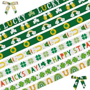 12 Yards St. Patrick's Day Ribbons Lucky Clover Ribbons Shamrock Stripe Decorative Grosgrain Ribbons Green Hat Beer Horseshoe 3/8" Ribbons for Gift Wrapping Crafts Irish Holiday Party