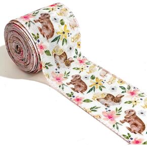 Easter Wired Edge Ribbon Spring Floral Bunny Wired Ribbon Watercolor Easter Rabbit Flower Fabric Craft Ribbon for Gift Wrapping Floral Arrangement Wreath Bow DIY Crafts, 10 Yards, 2.5 Inch