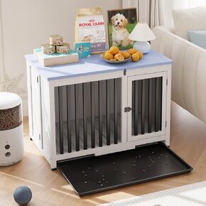 39.5in Furniture Dog Crate, Large/Medium Dog Crate End Table, Solid Wood Portable Foldable Indoor, No Assembly Needed (White and Blue)