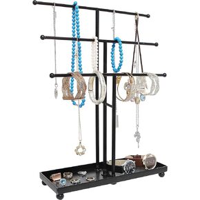 MyGift Matte Black Metal T Bar Jewelry Stand Organizer with Ring Tray, 3 Bracelet and Necklace Bars and 2 Earring Storage Hanger Bars for 18 Pairs of Earrings