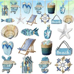24 Pcs Summer Wooden Ornaments Ocean Beach Tree Decorations Coastal Nautical Navigation Seashell Fish Wooden Cutouts Summer Hanging Ornaments Summer Decorations for Home Small Tree Party