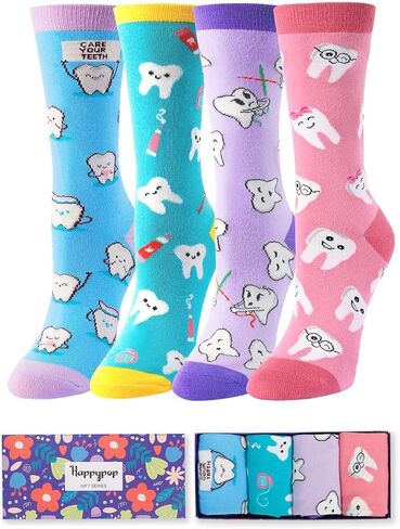 HAPPYPOP Funny Socks Nurse Doctor Teeth Dentist Socks, Novelty Gifts For Dental Assistant In 4 Pack in Kuwait