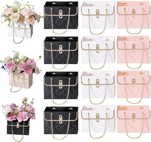 8PCS Flower Paper Gift Bag, Bouquet Storage Bucket Florist Handbag with Metal Chain, Gift Craft Wrap Bag for Wedding Party Valentine's Day Birthday Mother's Day Bridal Shower Gift Wrap Bags (Black Pink) in Kuwait