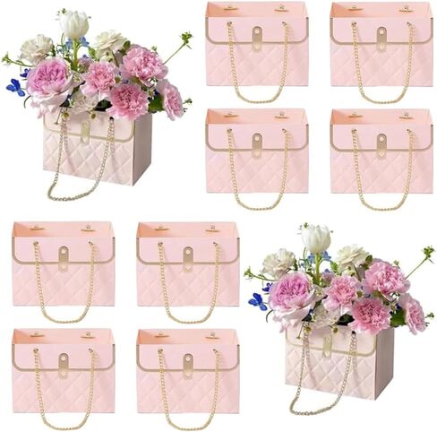 8PCS Flower Paper Gift Bag, Bouquet Storage Bucket Florist Handbag with Metal Chain, Gift Craft Wrap Bag for Wedding Party Valentine's Day Birthday Mother's Day Bridal Shower Gift Wrap Bags (Black Pink) in Kuwait