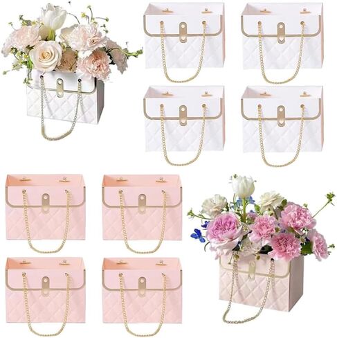 8PCS Flower Paper Gift Bag, Bouquet Storage Bucket Florist Handbag with Metal Chain, Gift Craft Wrap Bag for Wedding Party Valentine's Day Birthday Mother's Day Bridal Shower Gift Wrap Bags (Black Pink) in Kuwait