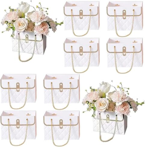 8PCS Flower Paper Gift Bag, Bouquet Storage Bucket Florist Handbag with Metal Chain, Gift Craft Wrap Bag for Wedding Party Valentine's Day Birthday Mother's Day Bridal Shower Gift Wrap Bags (Black Pink) in Kuwait