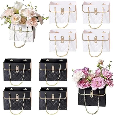 8PCS Flower Paper Gift Bag, Bouquet Storage Bucket Florist Handbag with Metal Chain, Gift Craft Wrap Bag for Wedding Party Valentine's Day Birthday Mother's Day Bridal Shower Gift Wrap Bags (Black Pink) in Kuwait