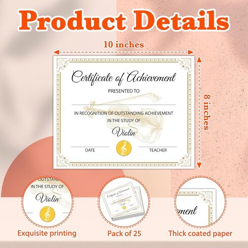 Music Certificate of Achievement, 25 Pcs Piano Awards Certificates, Piano Recognition of Achievement Certificates Gifts for Piano Students, Music School Classroom Decorations Supplies -08 in Kuwait