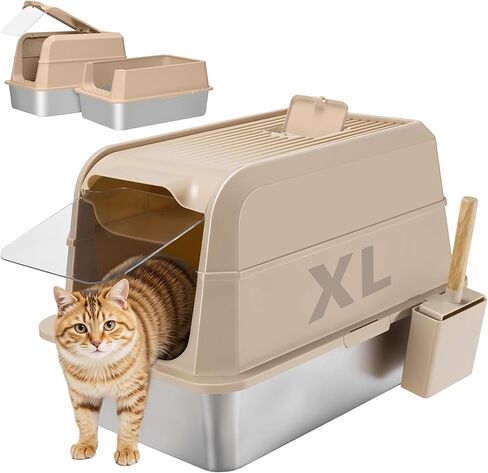 Covered Stainless Steel Litter Box with Lid, XL Extra Large Cat Litter Box, Enclosed Metal Litter Pan with High Sided Enclosure & Scoop, Anti Leakage, Easy to Clean, Odor Control(Grey) in Saudi Arabia