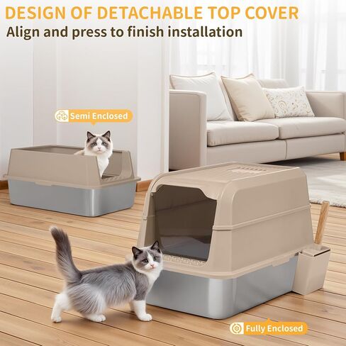 Covered Stainless Steel Litter Box with Lid, XL Extra Large Cat Litter Box, Enclosed Metal Litter Pan with High Sided Enclosure & Scoop, Anti Leakage, Easy to Clean, Odor Control(Grey) in Saudi Arabia