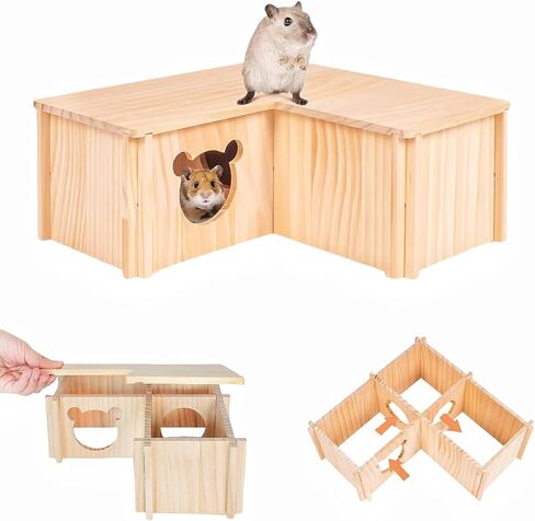 Hamster House Multi Chamber Wooden Hamster Maze Tunnel with Ladder Gerbil Hideout Castle Small Animal House Hut Habitats Cage Accessories for Hamster Rat Gerbils and Other Small Pets in Kuwait