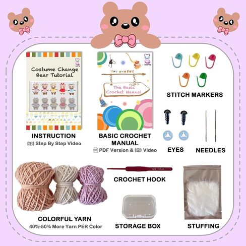 LoopMap Crochet Kit for Beginners - DIY Amigurumi Bear with Removable Dress & Accessories - Step-by-Step Video Tutorials, Extra Yarn, Crochet Tools, Handmade Gift for Kids & Adults (Bear K02, Purple) in Kuwait