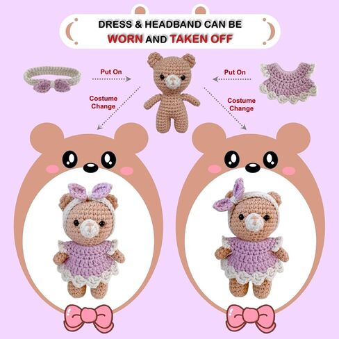 LoopMap Crochet Kit for Beginners - DIY Amigurumi Bear with Removable Dress & Accessories - Step-by-Step Video Tutorials, Extra Yarn, Crochet Tools, Handmade Gift for Kids & Adults (Bear K02, Purple) in Kuwait
