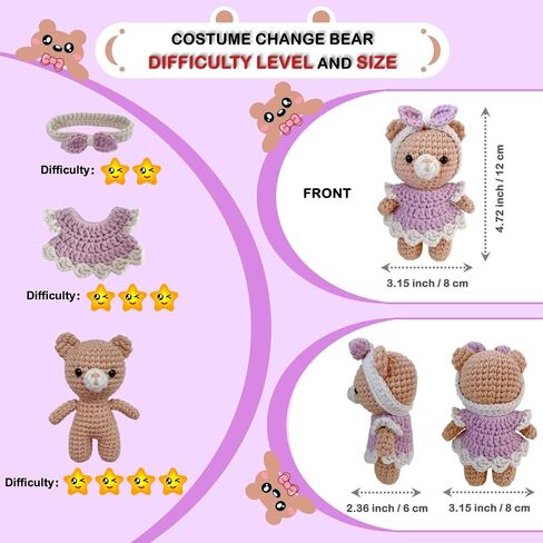 LoopMap Crochet Kit for Beginners - DIY Amigurumi Bear with Removable Dress & Accessories - Step-by-Step Video Tutorials, Extra Yarn, Crochet Tools, Handmade Gift for Kids & Adults (Bear K02, Purple) in Kuwait