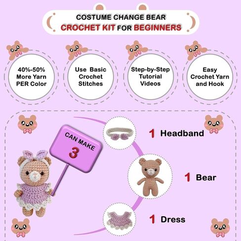 LoopMap Crochet Kit for Beginners - DIY Amigurumi Bear with Removable Dress & Accessories - Step-by-Step Video Tutorials, Extra Yarn, Crochet Tools, Handmade Gift for Kids & Adults (Bear K02, Purple) in Kuwait