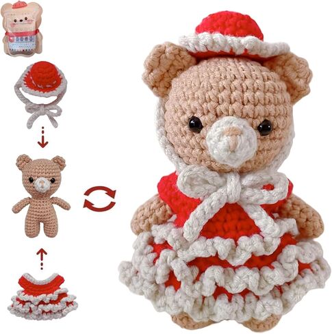 LoopMap Crochet Kit for Beginners - DIY Amigurumi Bear with Removable Dress & Accessories - Step-by-Step Video Tutorials, Extra Yarn, Crochet Tools, Handmade Gift for Kids & Adults (Bear K02, Purple) in Kuwait