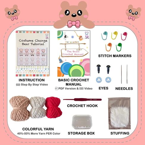 LoopMap Crochet Kit for Beginners - DIY Amigurumi Bear with Removable Dress & Accessories - Step-by-Step Video Tutorials, Extra Yarn, Crochet Tools, Handmade Gift for Kids & Adults (Bear K02, Purple) in Kuwait
