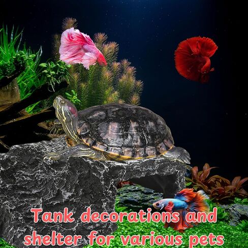 Axolotl Tank Accessories, Aquarium Tortoise Hideout, Axolotl Hides and Fake Water Plants set, Axolotl Cave Aquarium Plastic Tree, Turtle Hideout, Fish Tank Decor, Turtle Tank Accessories (Stone, M) in Kuwait
