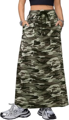 SOFIA'S CHOICE Women's Drawstring Maxi Skirt with Pockets High Waist A Line Long Skirts in Kuwait