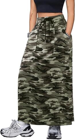 SOFIA'S CHOICE Women's Drawstring Maxi Skirt with Pockets High Waist A Line Long Skirts in Kuwait