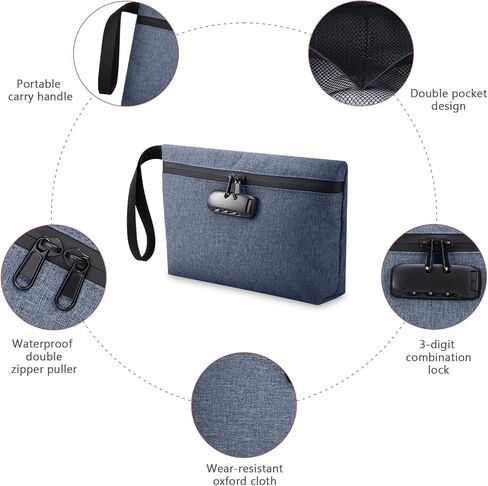 LOFICOPER Money Bag with Lock, Waterproof Cash Bag with Lock and Zipper, Portable Bank Deposit Bag, Locking Accessories Pouch for Phone, Credit Cards, Cash, Dark Blue in Kuwait