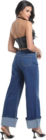 بنطال جينز نسائي واسع الساق بخصر عالٍ وأساور مطاطية وفضفاضة من قماش الدنيم in Kuwait