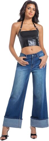 بنطال جينز نسائي واسع الساق بخصر عالٍ وأساور مطاطية وفضفاضة من قماش الدنيم in Kuwait