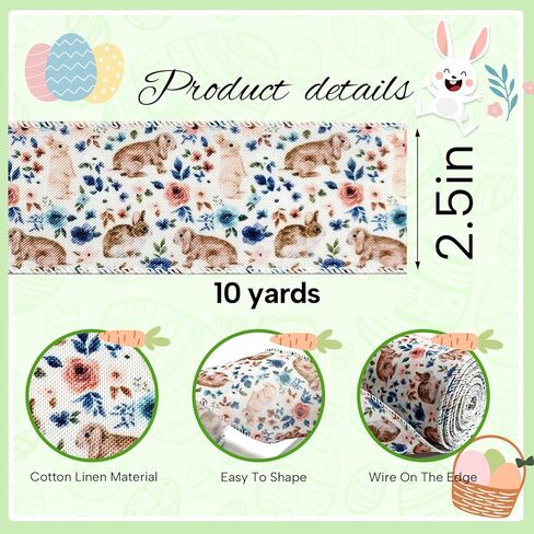 Easter Wired Edge Ribbon Spring Floral Bunny Wired Ribbon Watercolor Easter Rabbit Flower Fabric Craft Ribbon for Gift Wrapping Floral Arrangement Wreath Bow DIY Crafts, 10 Yards, 2.5 Inch in Kuwait