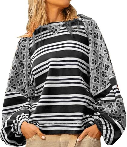 GGUHHU Womens Color Block Floral Striped Patchwork Sweatshirt Crew Neck Graphic Y2K Hoodie Crop Top in Saudi Arabia