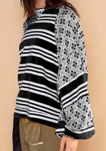 GGUHHU Womens Color Block Floral Striped Patchwork Sweatshirt Crew Neck Graphic Y2K Hoodie Crop Top in Saudi Arabia