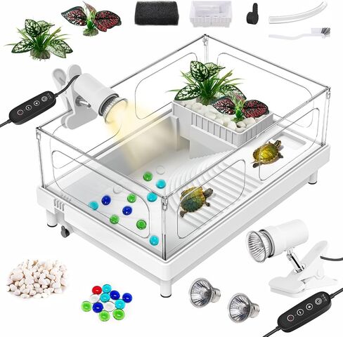 طقم خزان سلحفاة صغيرة (خزان+مصباح+مرشح) ، طقم لبداية خزان السلحفاة الأكريليك ، موائل سلحفاة سلحفاة مع مناطق متعددة الوظائف للزواحف الصغيرة (مجموعة بيضاء) in Kuwait