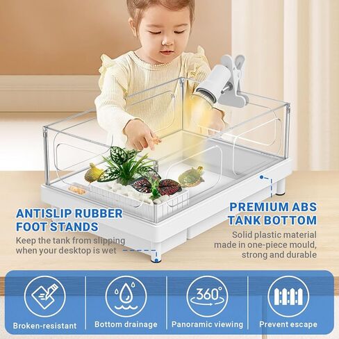 طقم خزان سلحفاة صغيرة (خزان+مصباح+مرشح) ، طقم لبداية خزان السلحفاة الأكريليك ، موائل سلحفاة سلحفاة مع مناطق متعددة الوظائف للزواحف الصغيرة (مجموعة بيضاء) in Kuwait