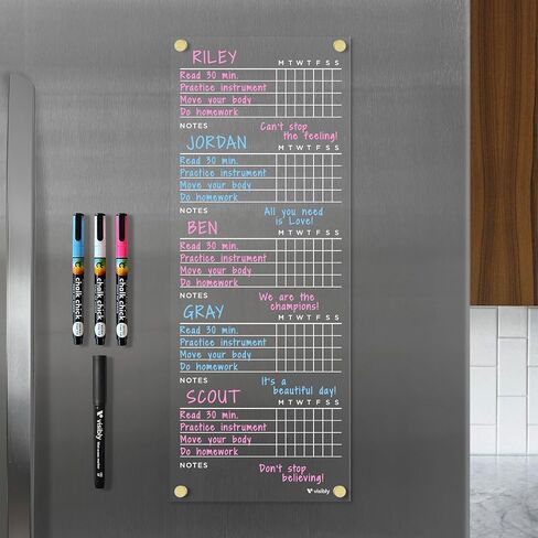 Magnetic Acrylic Chore Chart for Fridge, for 3, 4 or 5 Children. Includes 4 Magnetic Wet-Erase Markers for Refrigerator, 7" X 18". Put Those Kids to Work! | Black Magnets in Kuwait