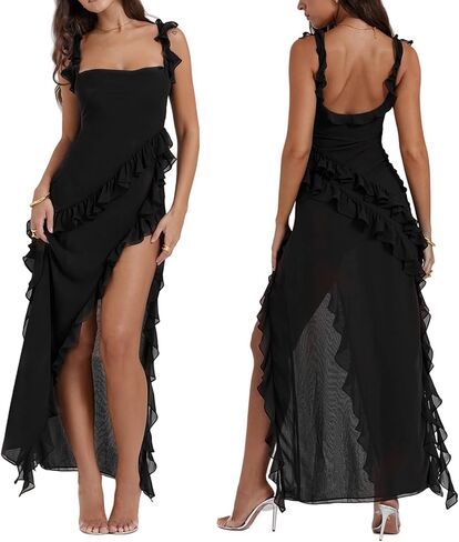 Womens High Slit Bodycon Maxi Dress Ruffle Flowy Sleeve Square Neck Midi Dress Party Dress in Kuwait