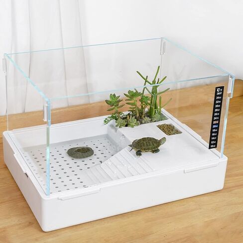 BETAZOOER Turtle Tank with Adjustable Water Pump Filter, Full View Visually Tortoise Aquarium Habitat, Glass Material Easy Changing Water&Clean for Small Amphibious Creatures Reptiles 15.7"×11.8"×10" in Kuwait