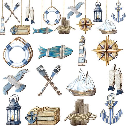 24 Pcs Summer Wooden Ornaments Ocean Beach Tree Decorations Coastal Nautical Navigation Seashell Fish Wooden Cutouts Summer Hanging Ornaments Summer Decorations for Home Small Tree Party in Kuwait