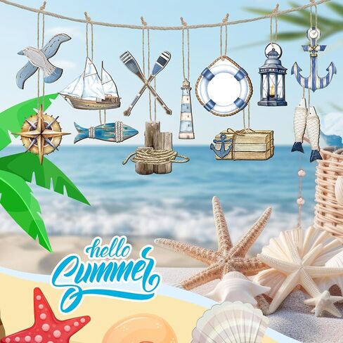 24 Pcs Summer Wooden Ornaments Ocean Beach Tree Decorations Coastal Nautical Navigation Seashell Fish Wooden Cutouts Summer Hanging Ornaments Summer Decorations for Home Small Tree Party in Kuwait