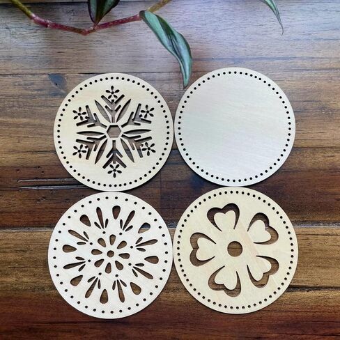 Pack of 3 Wooden Basket Bases with Holes for Pine Needle Baskets, Wind Chimes, and Other Crafts; 3.5 Inches Diameter; Blue, Black and Natural Drilled Basket Bottoms in Kuwait