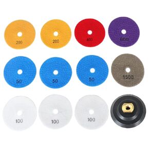 4 Diamond Polishing Pad with 1Pcs 4 Backing Pad, 11Pcs 50-1500 Grit Polishing Pad Kits Fit for Drill Bits, Polishers and Grinders