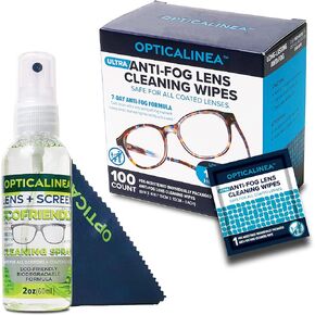 ULTRA ANTI-FOG LENS CLEANING WIPES (100 count) and ECOFRIENDLY (2oz) Lens and Screen Cleaning Spray Kit for Eyeglasses, Sunglasses, Goggles, Screens, Optical Lenses, Industrial Eyewear