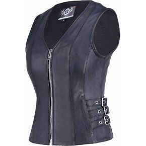 Women's Zipper Front V-Neck Quality Motorcycle Leather Vest for Female Bikers (Black, Sizes XS-3XL)