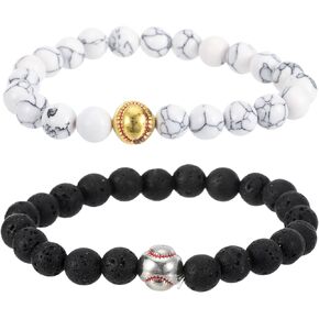 PATIKIL Baseball Bracelets, 2 Pcs Beaded Baseball Gifts Adjustable Wristbands with Baseball Beads for Teenagers, Adults, Black White