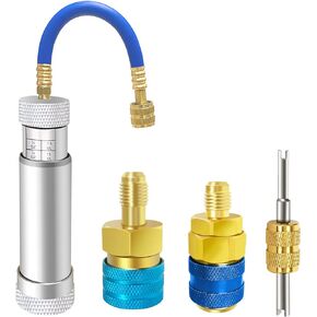 R1234YF/R134A AC Oil Injector Kit-HVAC Dye Oil Injector Kit with R1234YF&R134A Low Side Quick Couplers, AC Oil Injector with 1/4" SAE Connector, for R1234YF R134A System (Silver-for r1234yf / r134a)