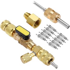 R410A R22 Valve Core Remover Installer Tool with Dual Size SAE 1/4 & 5/16 Port, for R410 R32 R22 R12 R407 R404 R600 HVAC System, with 10Pcs Valve Cores and Double Head Valve Core Remover