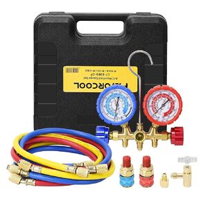 AC Gauges, AC Diagnostic Manifold Gauge Set for R410a R134a R22 R12 Refrigerant, Brass Body 3-Way Car HVAC Gauge Set with 4FT Hoses Adjustable Couplers Adapter and Can Tap Freon Charge Kit