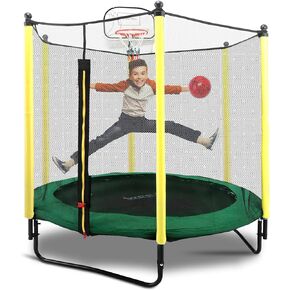 SereneLife 5ft Outdoor and Indoor Mini Toddler Trampoline with Enclosure Safety Net Basketball Hoop Jumping Fun Trampoline for Kids / Children, Basketball Hoop, Safety Net Cage